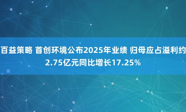 百益策略 首创环境公布2025年业绩 归母应占溢利约2.75亿元同比增长17.25%